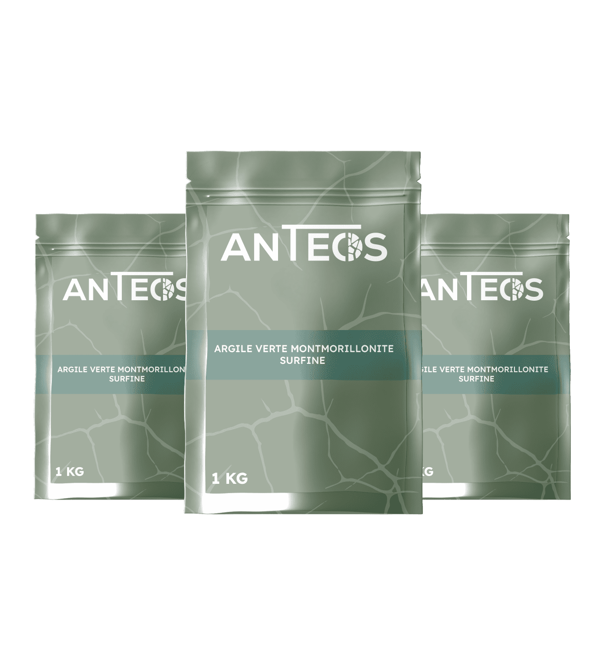 Vue de face de trois sachets Anteos Sérénité de 1 kg d'argile montmorillonite, représentant la formule de 3 kg.