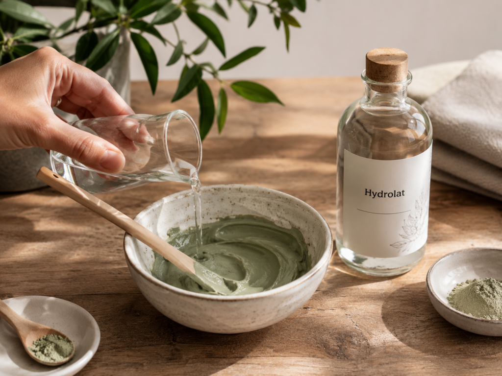 cataplasme argile hydrolat en préparation dans un bol