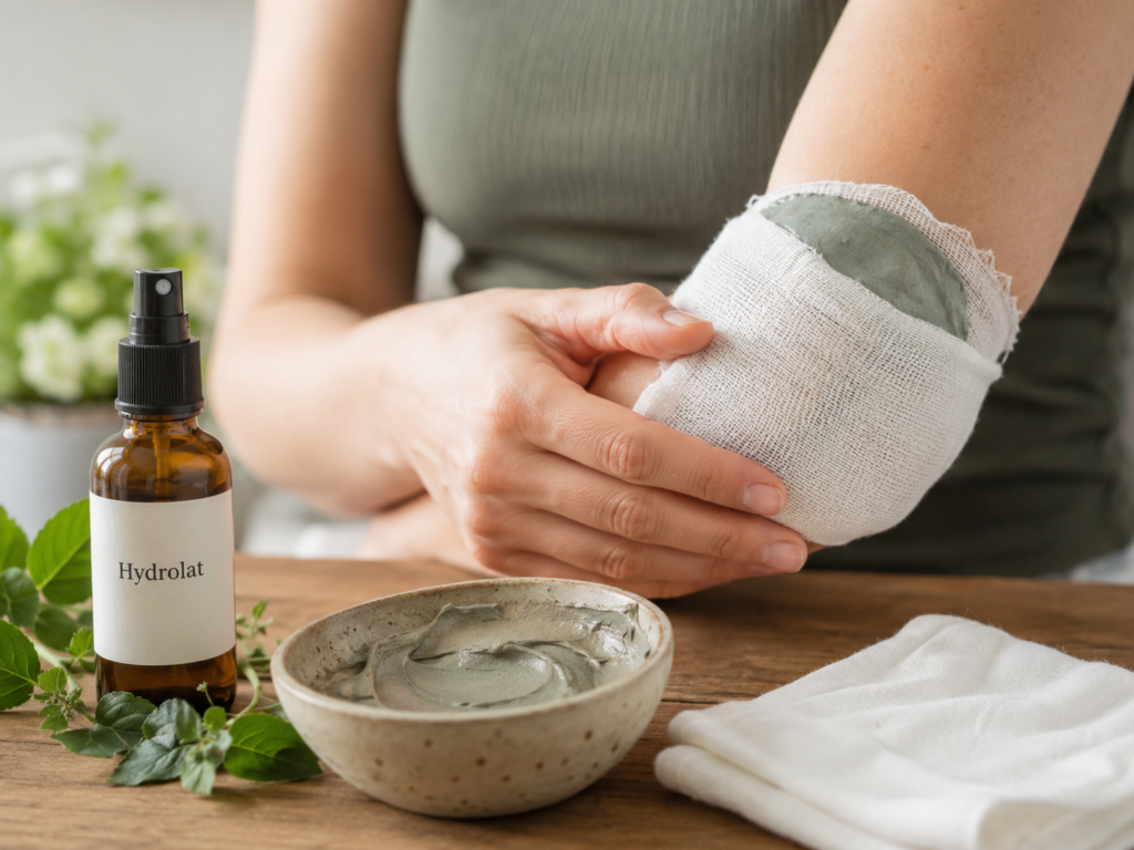 cataplasme argile hydrolat appliqué sur le coude